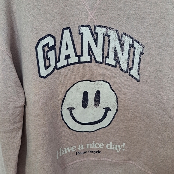 Ganni Isoli smiley face drop shoulder crewneck sweatshirt lilac XS NWOT - Picture 9 of 10